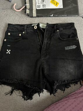 Off-White Black Distressed Denim Cutoff Shorts with Logo Detail